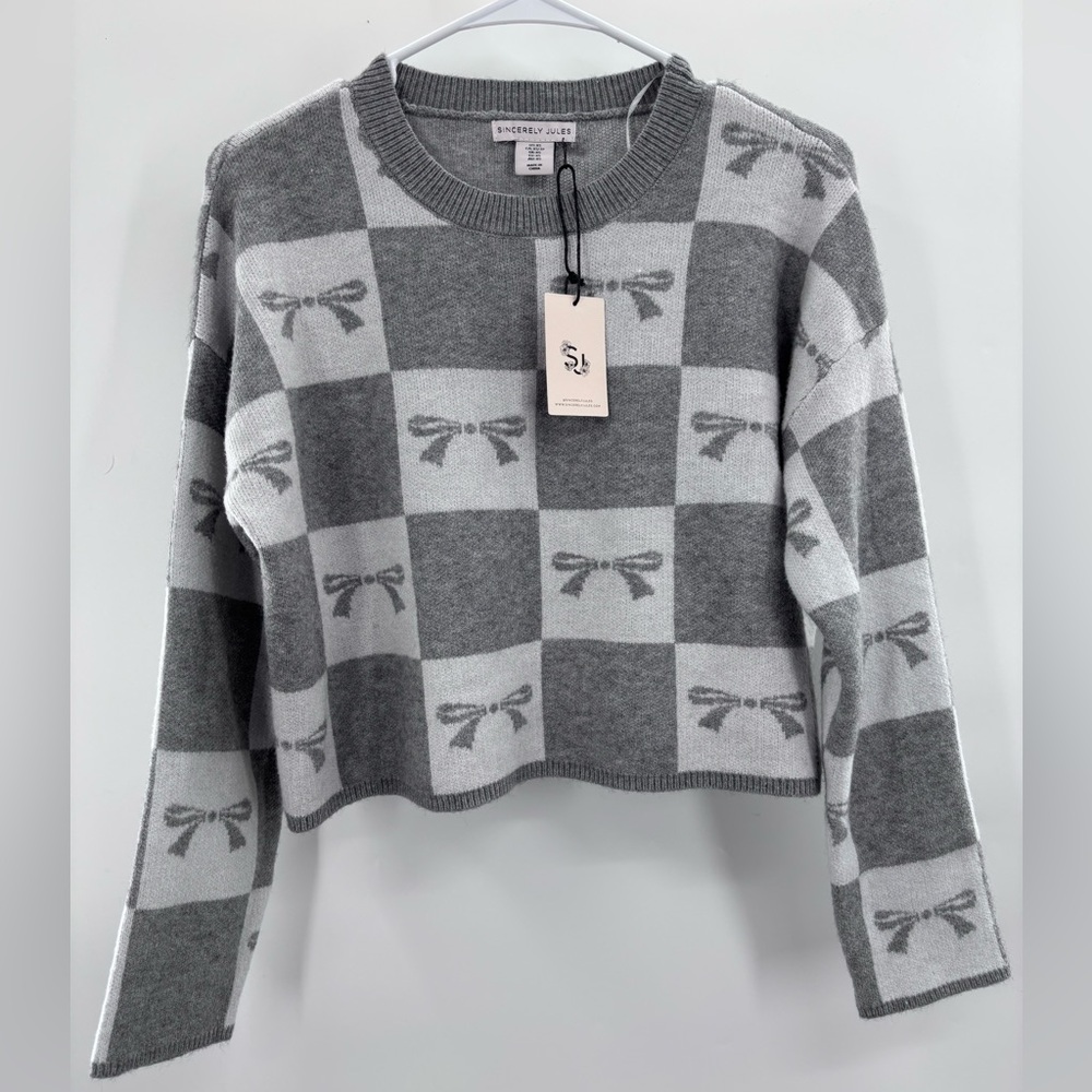 🟪Sincerely Jules Gray Bow Checkered Sweatshirt